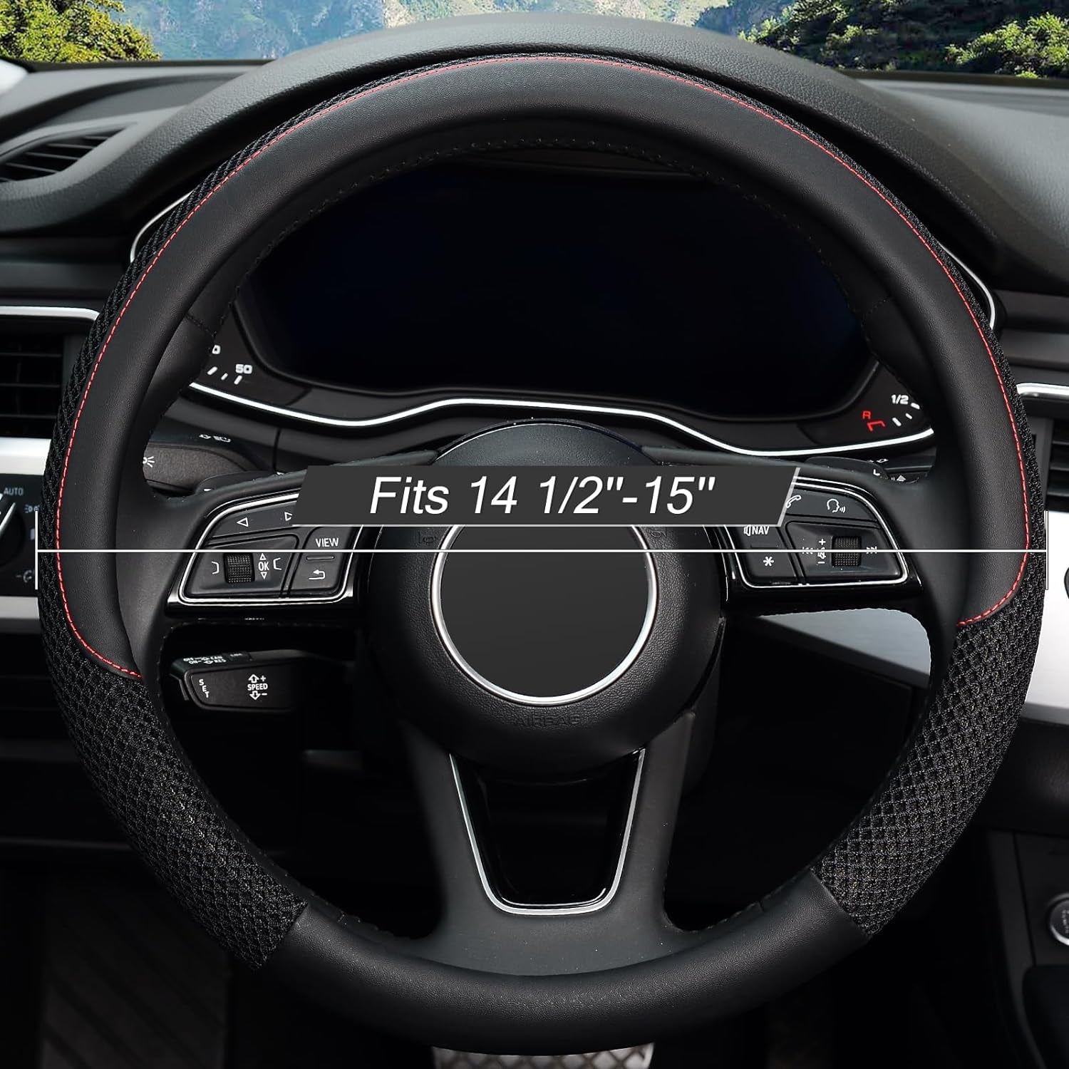 Universal 15-Inch Microfiber Leather Steering Wheel Cover - Breathable, Anti-Slip, Temperature Regulating (Black)