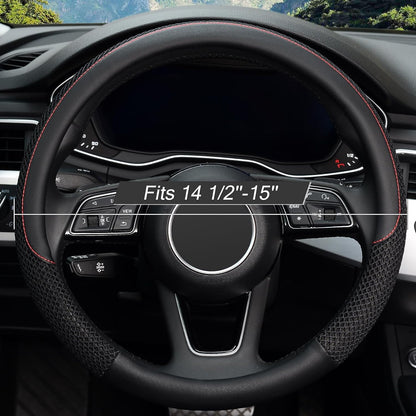 Universal 15-Inch Microfiber Leather Steering Wheel Cover - Breathable, Anti-Slip, Temperature Regulating (Black)