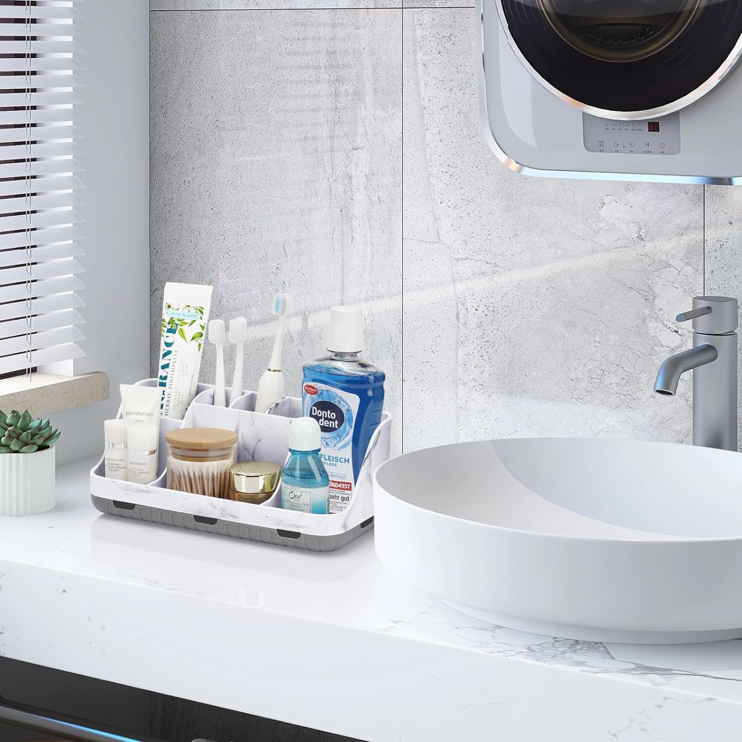 Detachable 7-Slot Marble Bathroom Organizer for Electric Toothbrushes and Toothpaste 