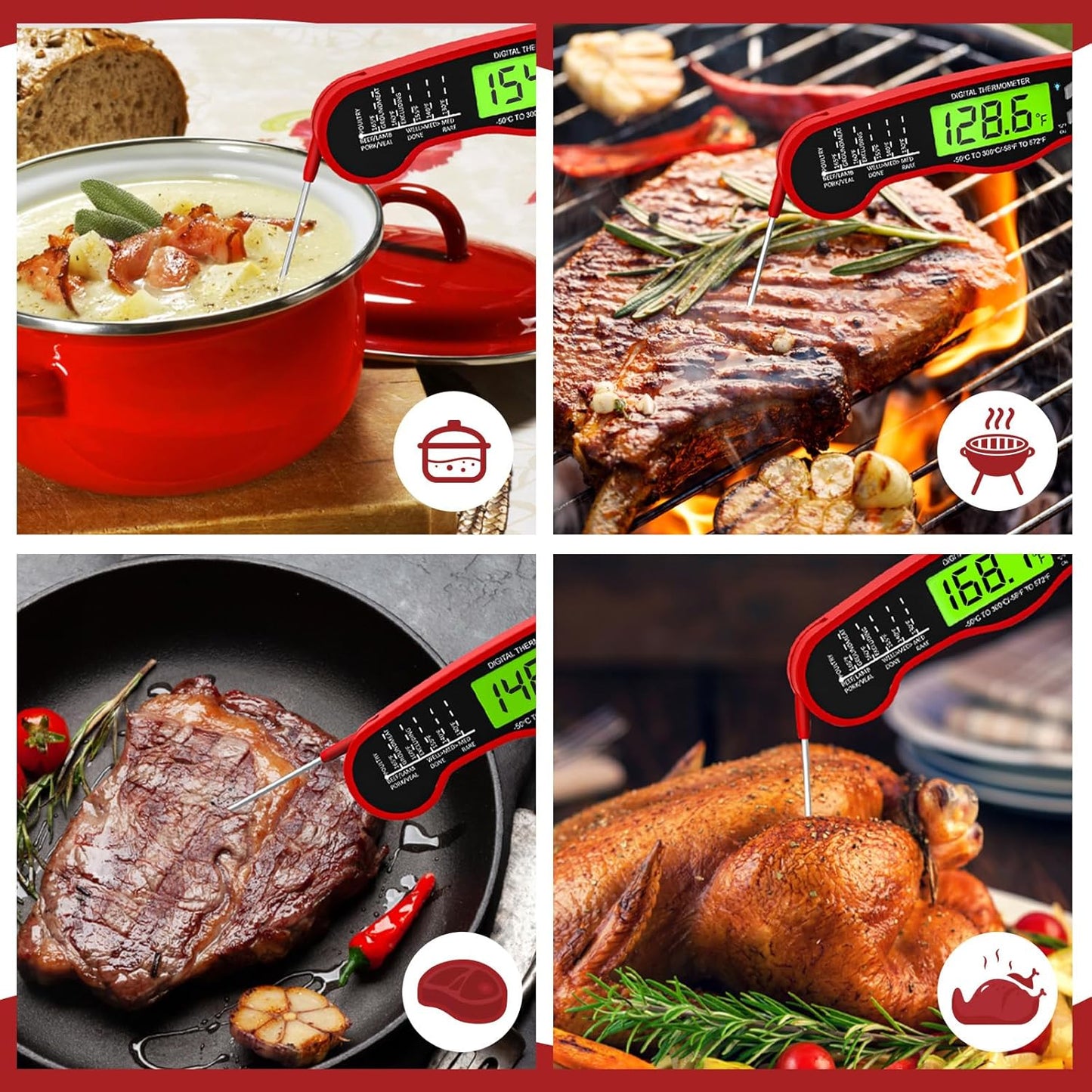 Digital Meat Thermometer - Instant Read Food Thermometer - Waterproof, Backlit Display, and Hold Function - Red