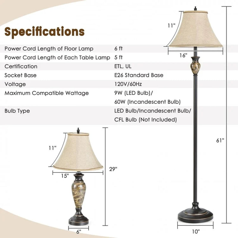Three-Piece Table and Floor Lamp Set Featuring Linen Fabric Shades
