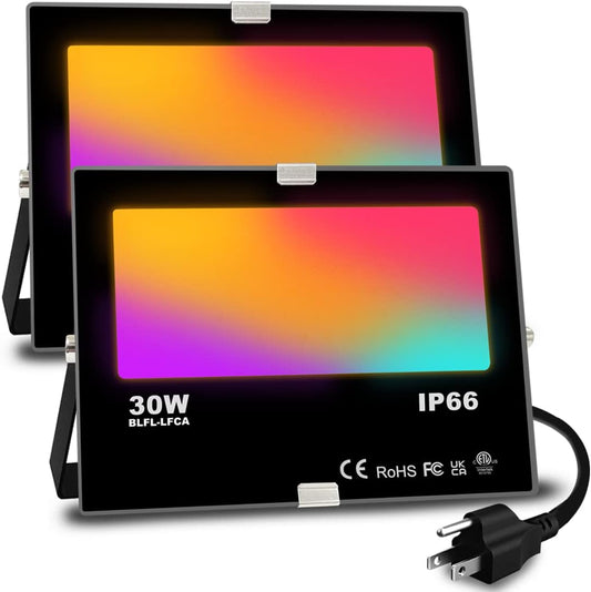 Smart RGB Color Changing LED Flood Light - 300W Equivalent, 2700K Warm White, APP Control, IP66 Waterproof, Pack of 2