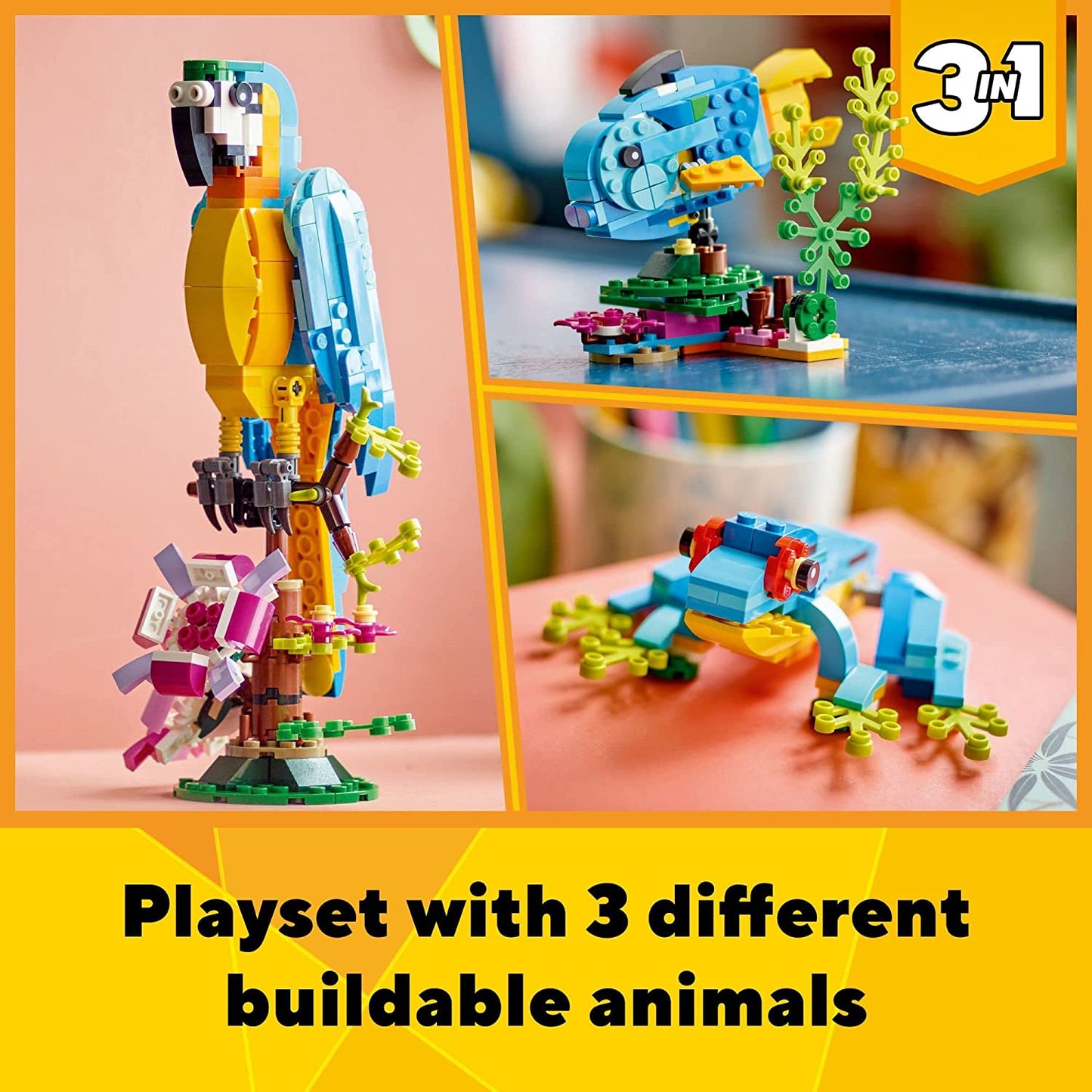 Creator 3-in-1 Exotic Parrot Building Toy Set-Transforms into Parrot, Fish, and Frog Figures, Ideal Creative Toy Ages 7+ 