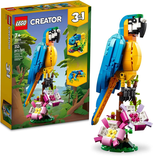 Creator 3-in-1 Exotic Parrot Building Toy Set-Transforms into Parrot, Fish, and Frog Figures, Ideal Creative Toy Ages 7+ 