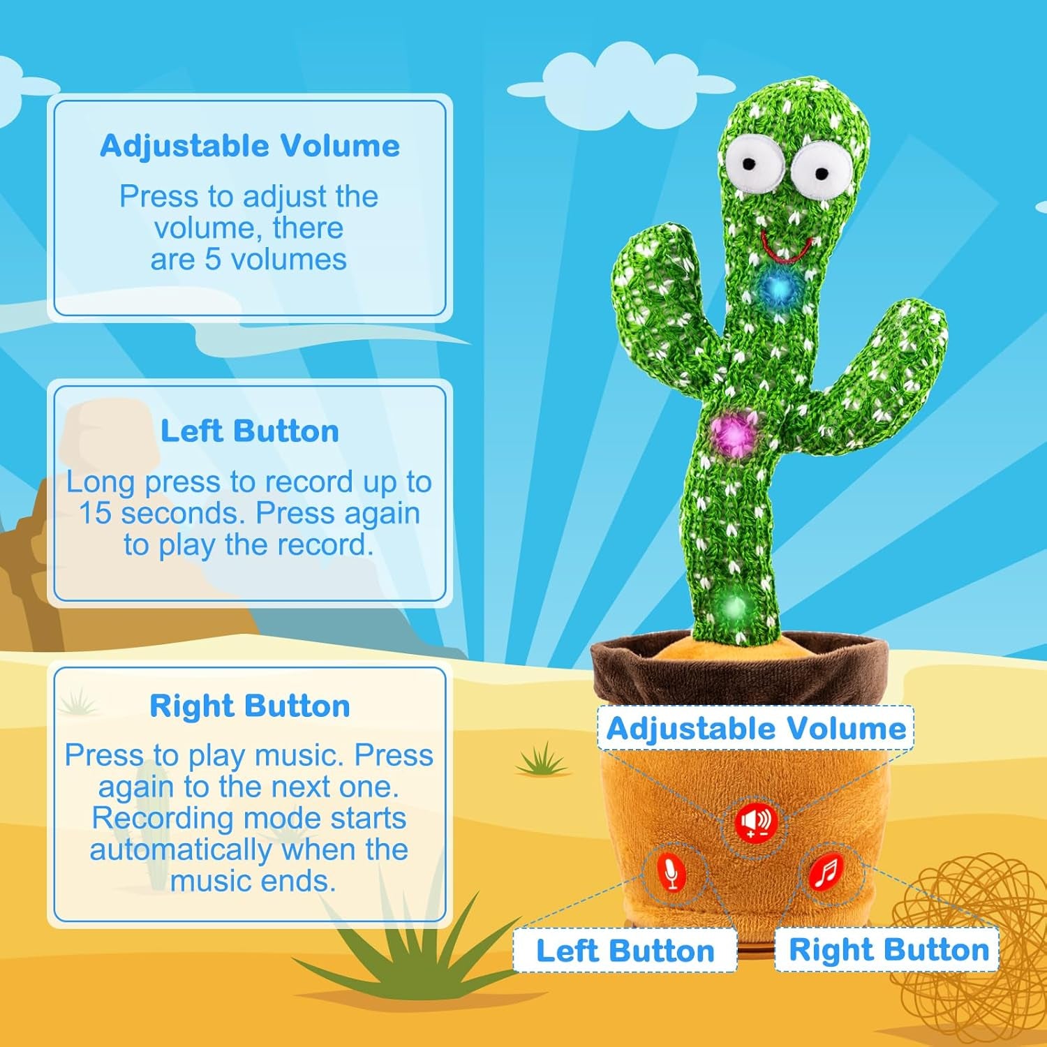 Interactive Dancing Cactus Toy for Toddlers - Voice Mimicking and Singing 120 Songs, Aged 3+, Including Autism-Friendly Features