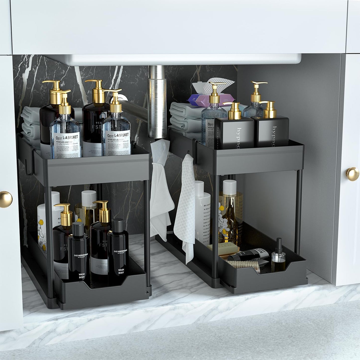 2-Tier Under-Sink Organizer Set with Sliding Baskets for Versatile Bathroom Storage, Black (2 Pack)
