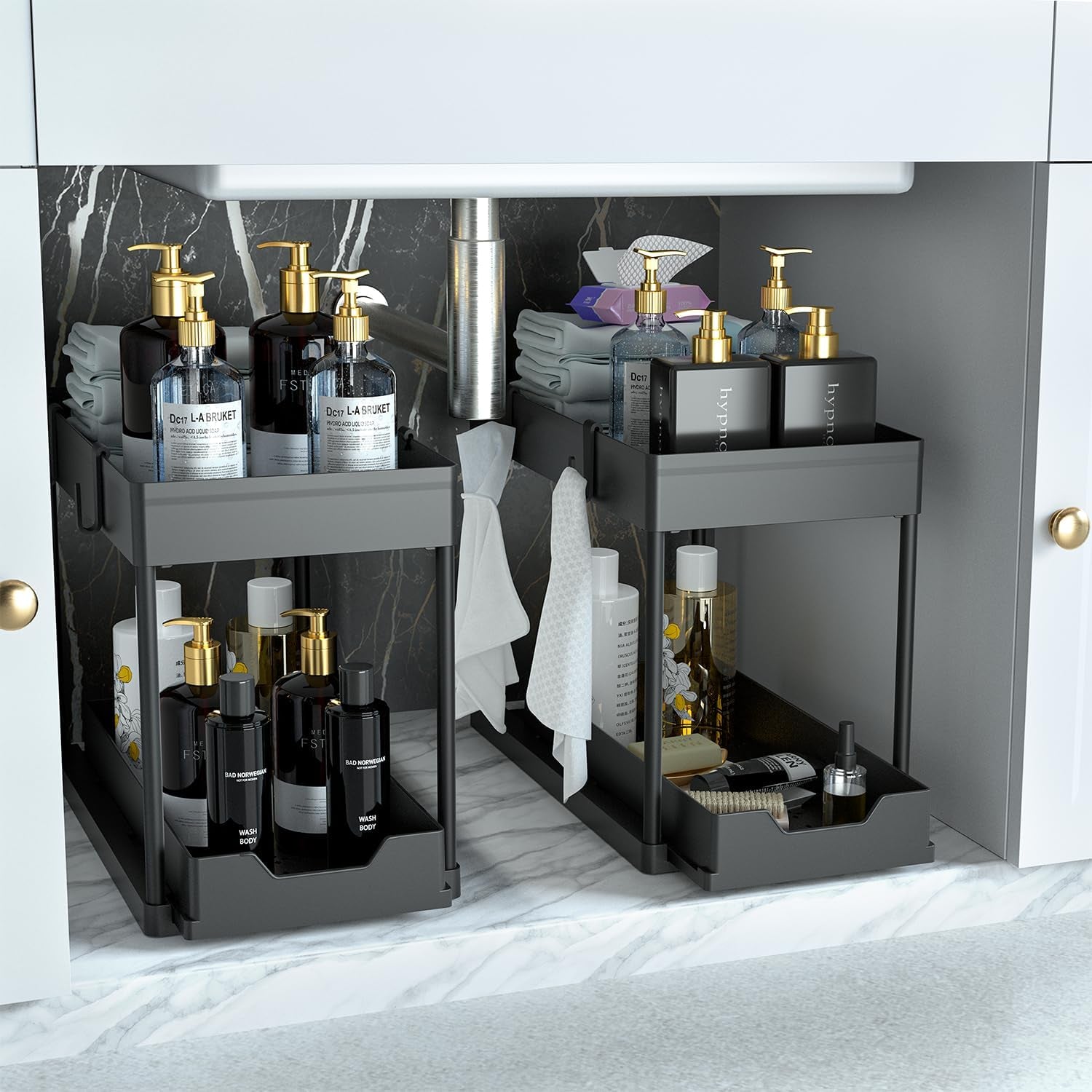 2-Tier Under-Sink Organizer Set with Sliding Baskets for Versatile Bathroom Storage, Black (2 Pack)