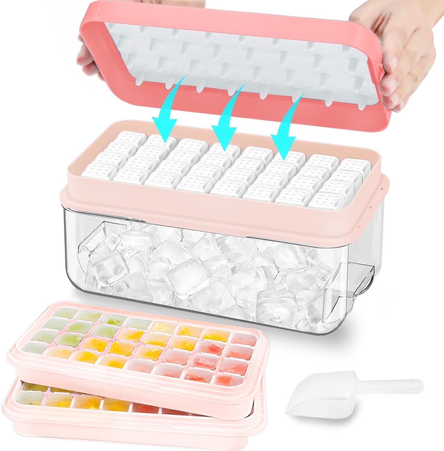 Ice Cube Trays with Lids and Storage Bin, Enhanced Easy Release Silicone & Plastic Design, Stackable, BPA-Free, Set of 2