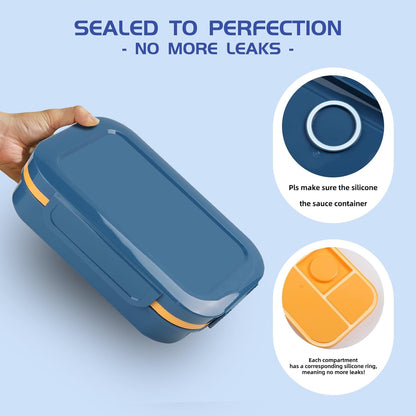 Lunch Box - 2000 ML Stackable Container - 8 Compartments, Leak-Proof Design, Built-In Sauce Container, Utensils Included - Blue