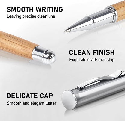 Luxury Rollerball Pen Set, Extra 2 Ink Refills(1 Black & 1 Blue), Fancy Writing Pen Nice Office Gift for Men, Professional, Executive, Cool Wooden Pen for Journaling - White Oak