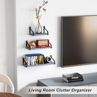Set of 3 Rustic Wall-Mounted Floating Shelves in Weathered Grey Wood for Versatile Home Decor