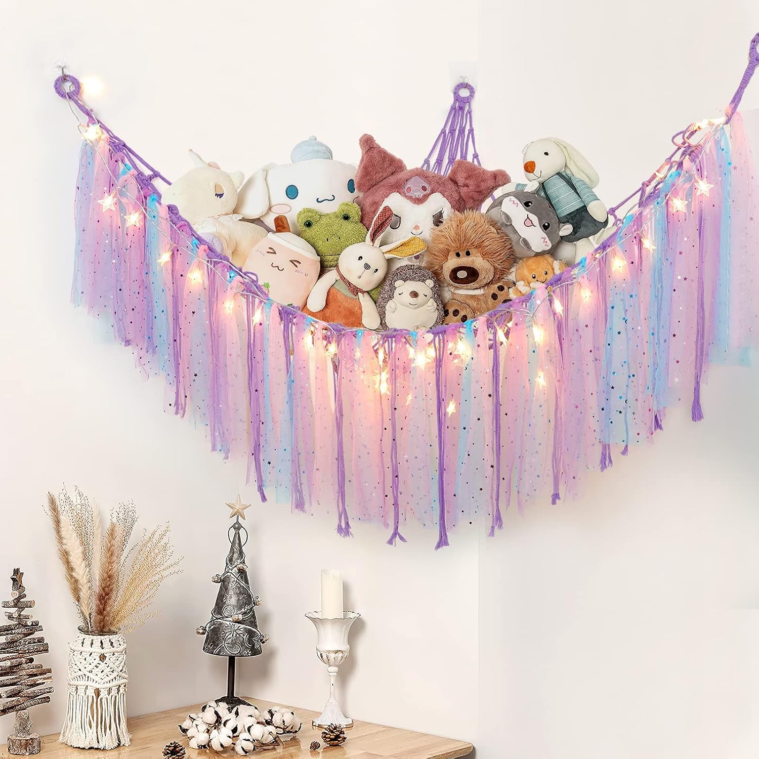 Stuffed Animals Storage - Fairy Lights, Toy Hammock, Hanging Storage Organizer, Holder with Lace Tassels 