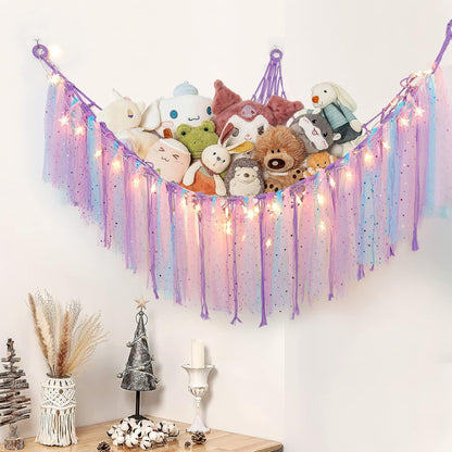 Stuffed Animals Storage - Fairy Lights, Toy Hammock, Hanging Storage Organizer, Holder with Lace Tassels 