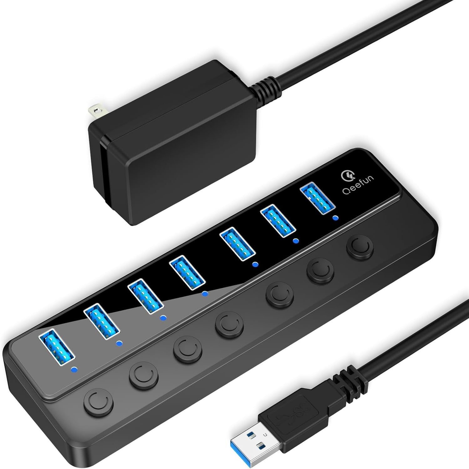 7-Port USB 3.0 Hub with 12V/2A Power Adapter and Individual LED Power Switches for Mini PC, Notebook, Surface Pro, MacBook Pro/Air M1/M2
