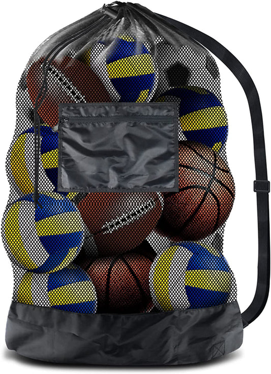 Extra Large Heavy-Duty Mesh Sports Ball Bag with Drawstring and Shoulder Strap for Basketball, Volleyball, Baseball, and Swimming Gear