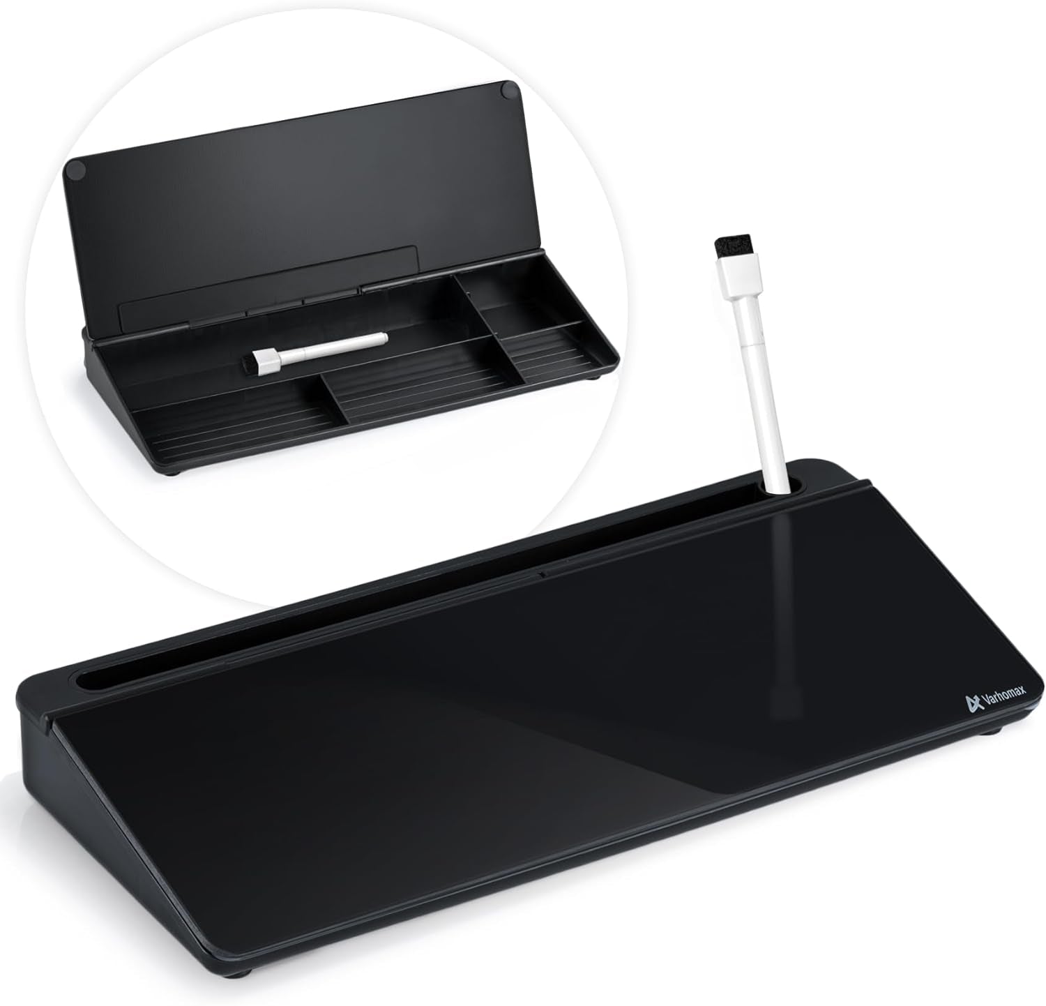 Dry Erase Glass Desk Whiteboard with Storage Caddy - Desktop Memo Notepad for Home Office and School (Gray)