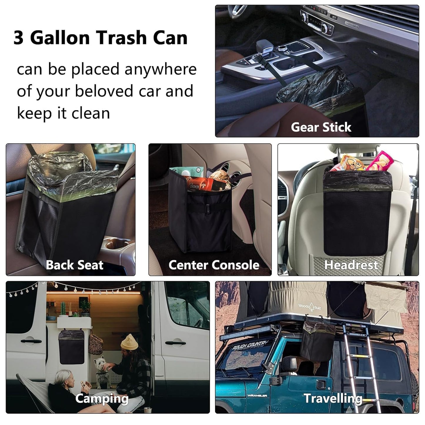 Foldable Car Trash Can - 3 Gallon Capacity, Water-Resistant and Leakproof Design, Car Organization (Black)