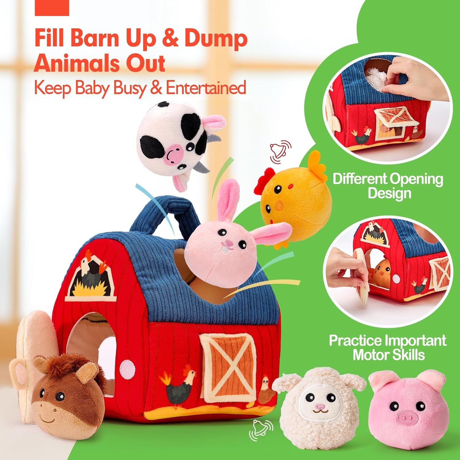 Surprise Barn Plush Farm Animal Rattles and Mirror Baby Toys, Sensory Development Toys  6-12 Months - Travel Toys 