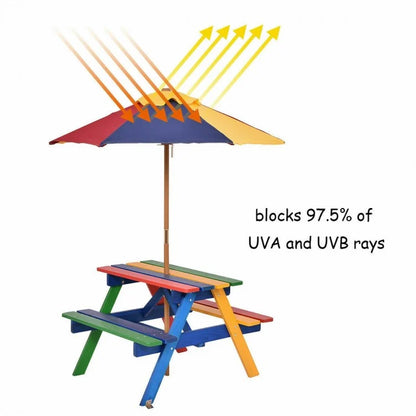 Outdoor Children's Picnic Table Bench Set with Removable Umbrella for Four Seats