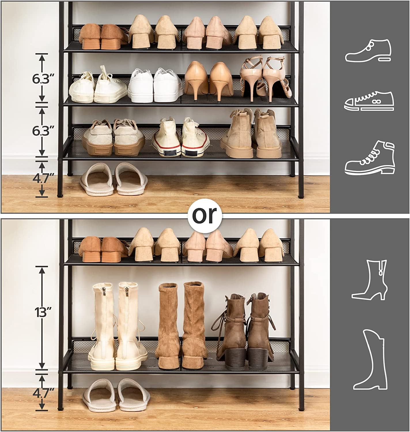 5-Tier Adjustable Shoe Rack - Durable and Stable Shoe Storage Unit for 16 Pairs -  Rustic Brown Finish