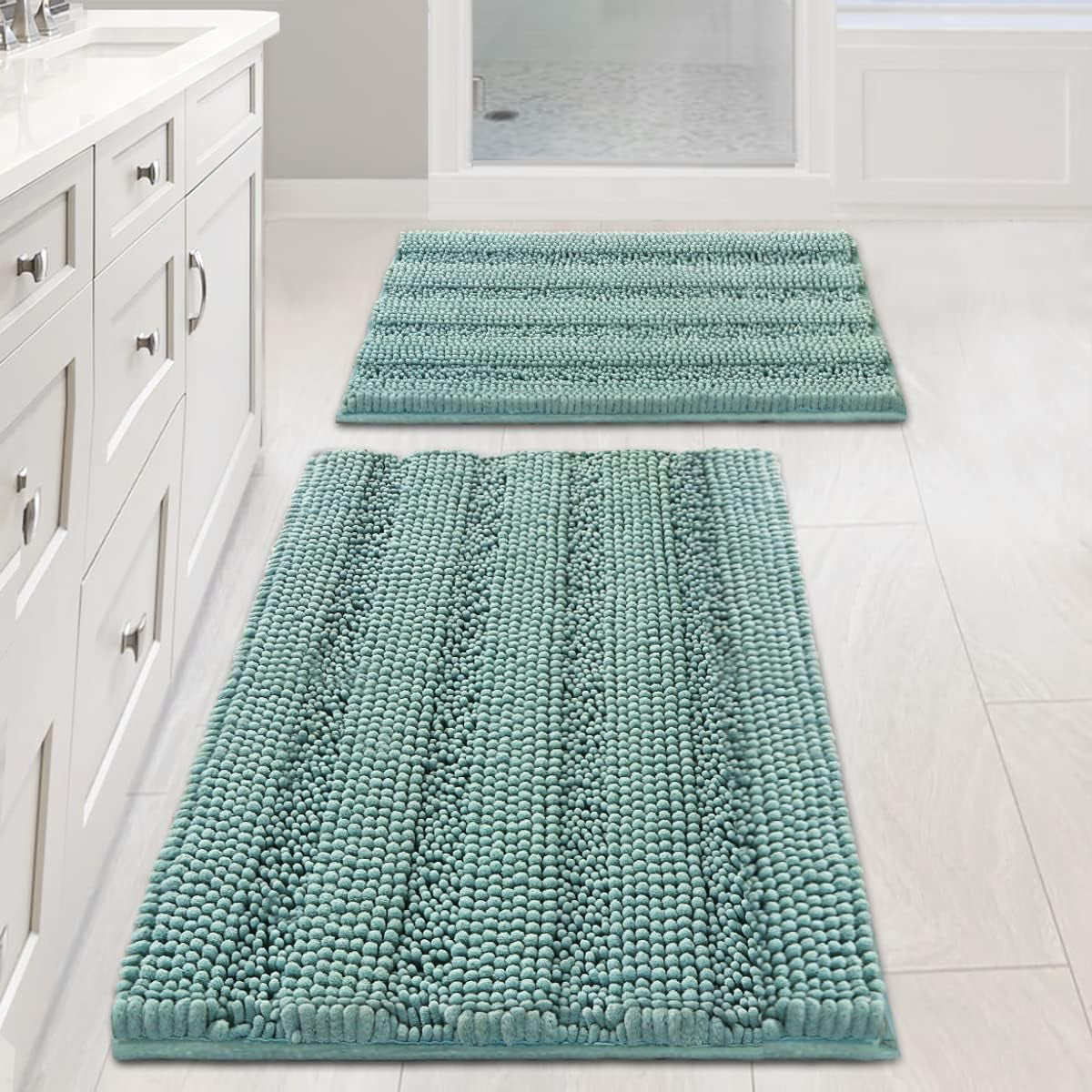 Set of 2 Striped Anti-Slip Bath Mats - Soft Plush Chenille Shaggy Floor Mats  - Water Absorbent (Grey, 32 x 20 & 24 x 17 Inches)