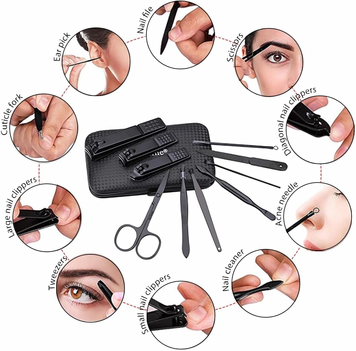 Professional 10-in-1 Stainless Steel Manicure Set with Leather Travel Case - Nail Clippers and Care Tools in Black