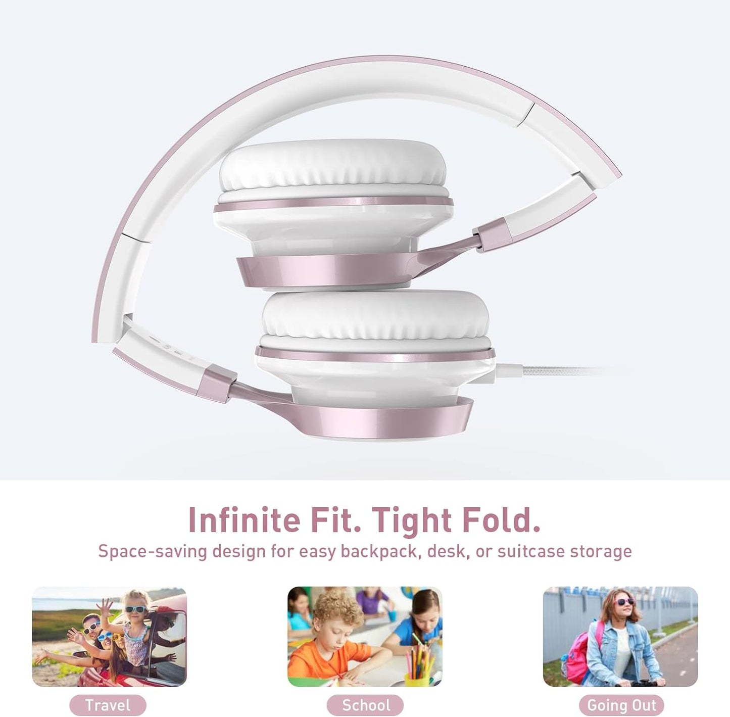 Rose Gold Wired On-Ear Headphones for Kids with Microphone, Adjustable and Foldable Design, Tangle-Free, Compatible with Chromebook and Laptop (3.5mm Jack)