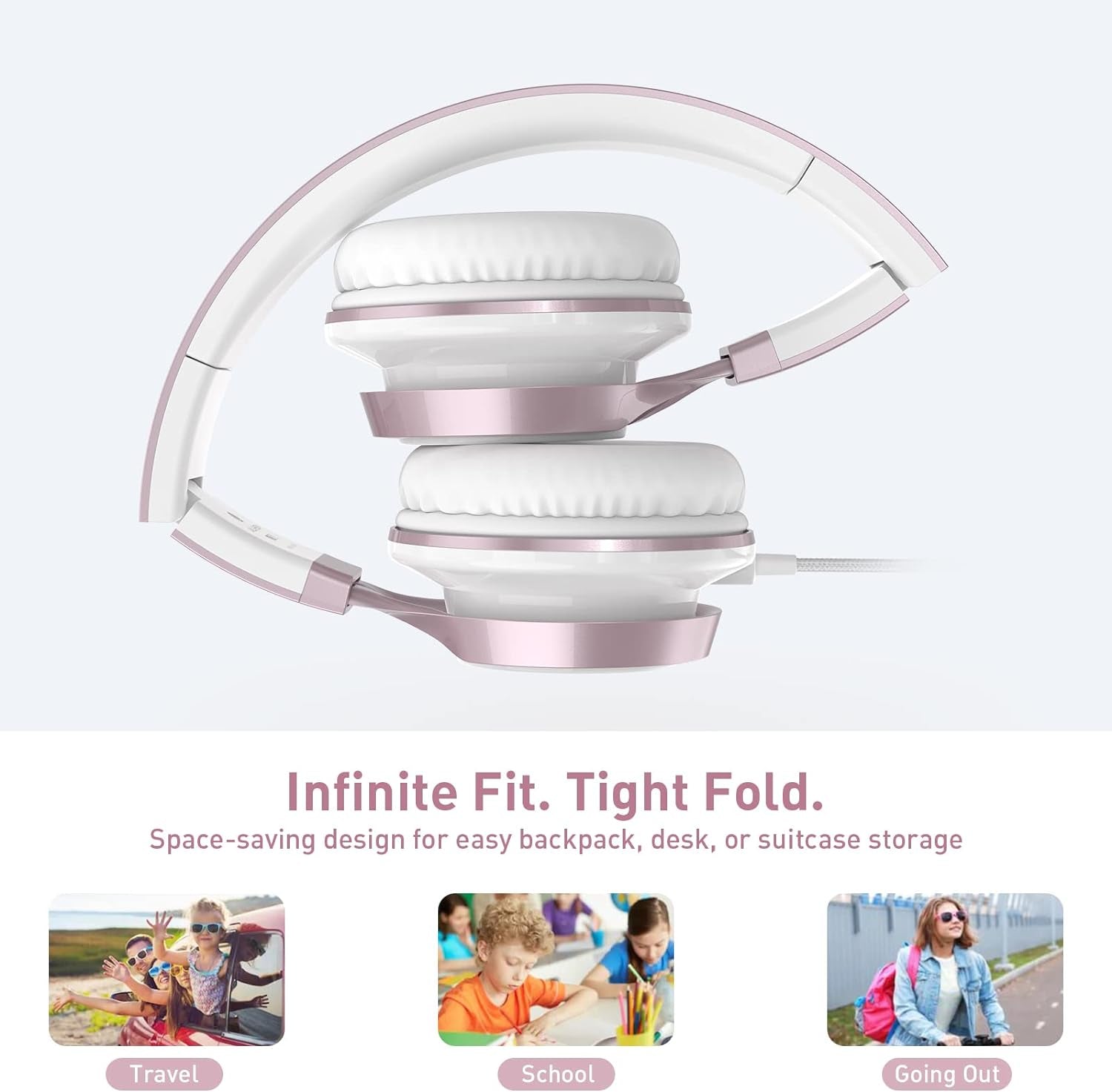 Rose Gold Wired On-Ear Headphones for Kids with Microphone, Adjustable and Foldable Design, Tangle-Free, Compatible with Chromebook and Laptop (3.5mm Jack)