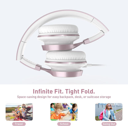 Rose Gold Wired On-Ear Headphones for Kids with Microphone, Adjustable and Foldable Design, Tangle-Free, Compatible with Chromebook and Laptop (3.5mm Jack)