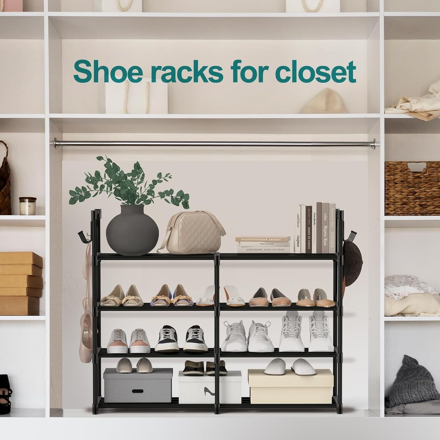 4-Tier Black Metal Shoe Rack with Multifunctional Hooks, Stackable Design for 20 Pairs, Space-Saving Solution for Closets and Showrooms