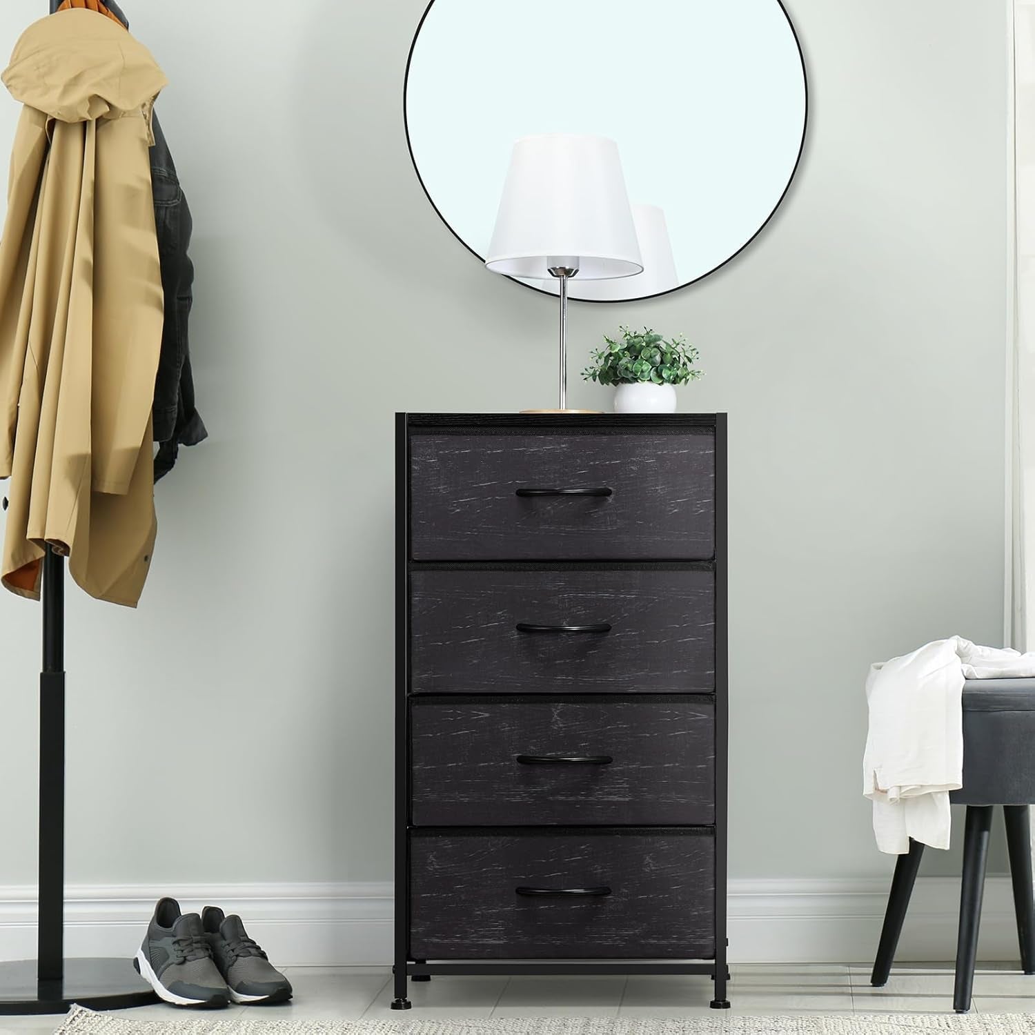 Dresser with 4 Drawers, Fabric Dressers for Bedroom, Small Chest of Drawers, Sturdy Steel Frame & Wood Top, Storage Drawers Tower for Bedroom, Hallway, Entryway, Closets, Oak Black