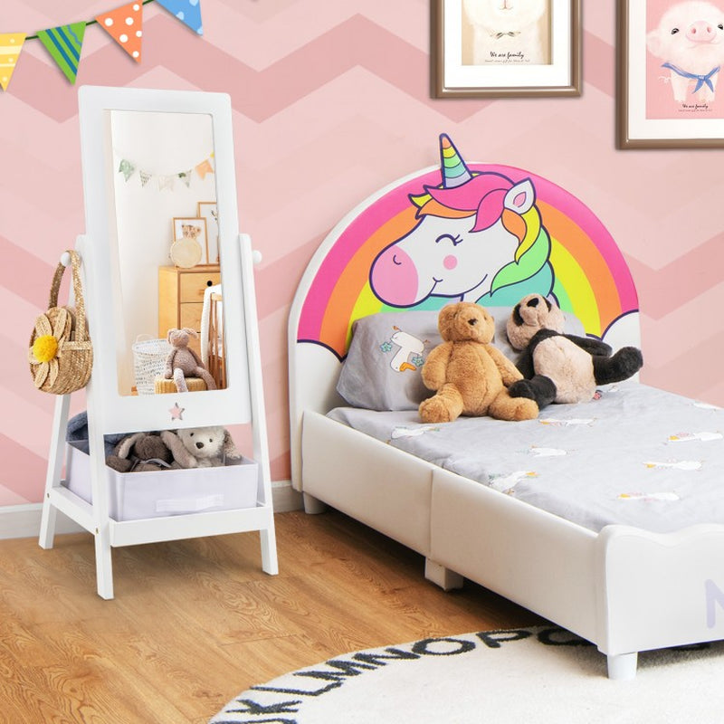 360-Degree Rotatable Full-Length Mirror for Kids with Integrated Storage Bin