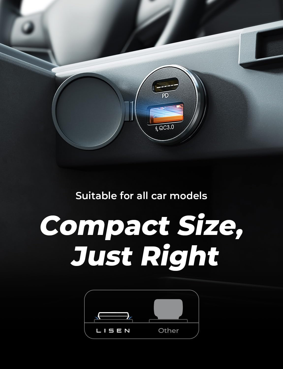 USB-C Car Charger Adapter - 54W Fast Charging - Compact All-Metal Design, PD 36W - Black