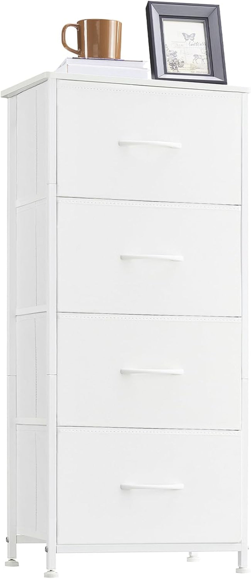 Tall Dresser for Bedroom, 4 Drawer Storage Organizer Chest of Drawers with Removable Fabric Bins - White Leather