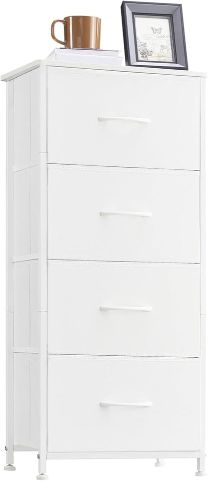 Tall Dresser for Bedroom, 4 Drawer Storage Organizer Chest of Drawers with Removable Fabric Bins - White Leather