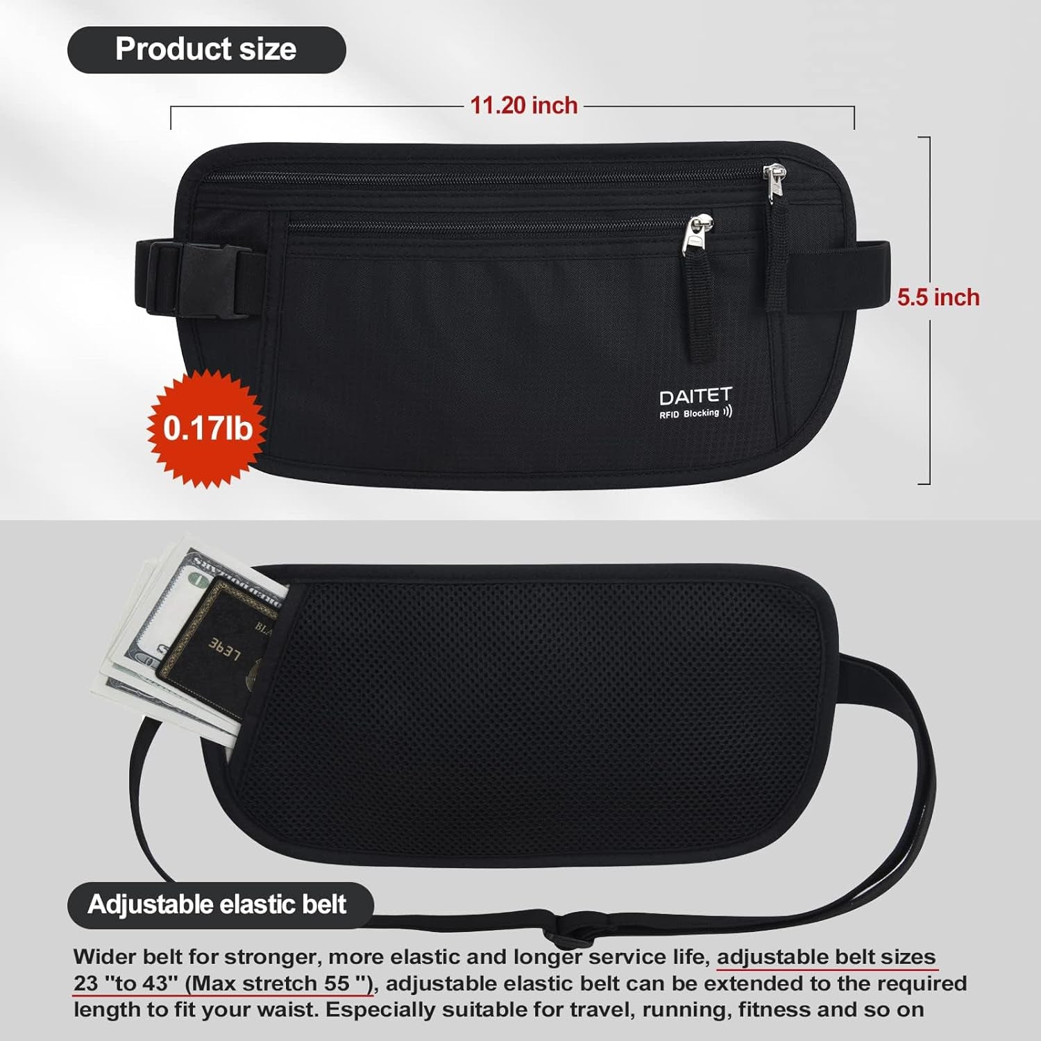 RFID-Blocking Money Belt and Passport Holder - Secure Hidden Travel Wallet Fanny Pack (Black)