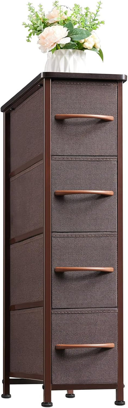 Narrow Dresser with 4 Drawers, Slim Storage Chest of Drawers with Removable Fabric Drawers for Closet Small Spaces Bathroom Bedroom Laundry, Coffee Brown