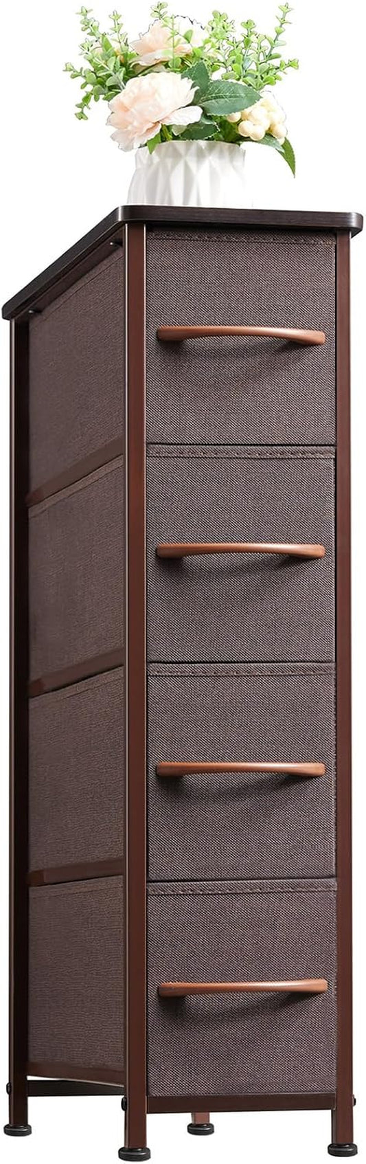 Narrow Dresser with 4 Drawers, Slim Storage Chest of Drawers with Removable Fabric Drawers for Closet Small Spaces Bathroom Bedroom Laundry, Coffee Brown