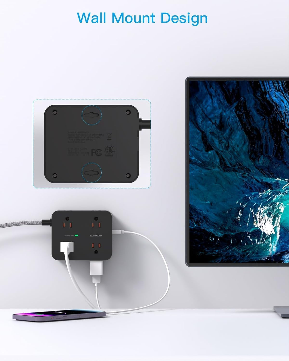 Surge Protector Power Strip -8 Outlets, 4 USB Charging Ports (2 USB-C), 3-Sided Outlet Extender, 5 Ft Braided Extension Cord, Flat Plug, Wall Mount, and Desk Charging Station