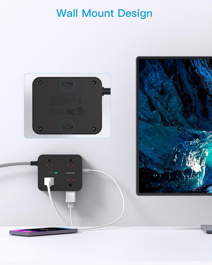 Surge Protector Power Strip -8 Outlets, 4 USB Charging Ports (2 USB-C), 3-Sided Outlet Extender, 5 Ft Braided Extension Cord, Flat Plug, Wall Mount, and Desk Charging Station