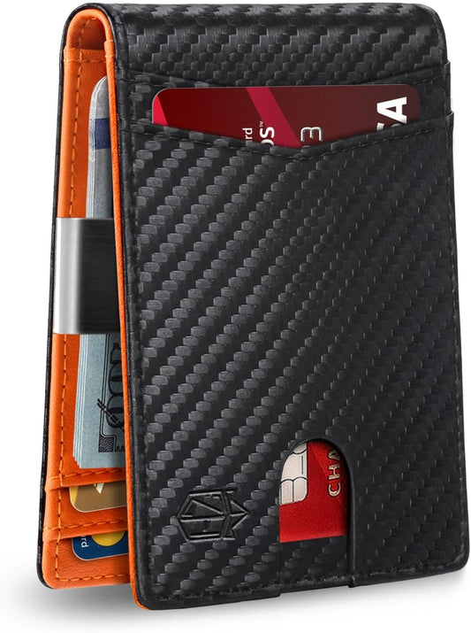 Men's Slim RFID Bifold Leather Wallet with Money Clip, ID Window, 12 Card Slots, and Gift Box