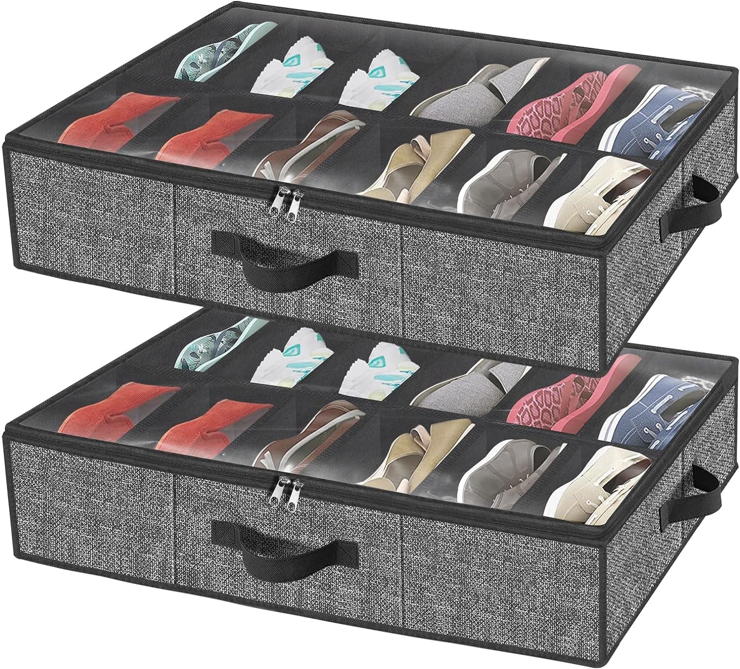 Under Bed Shoe Storage Organizer for Closet - Accommodates 24 Pairs, Durable Underbed Shoe Containers with Clear Cover, Set of 2, 29.3 x 23.6 x 5.9 Inches 