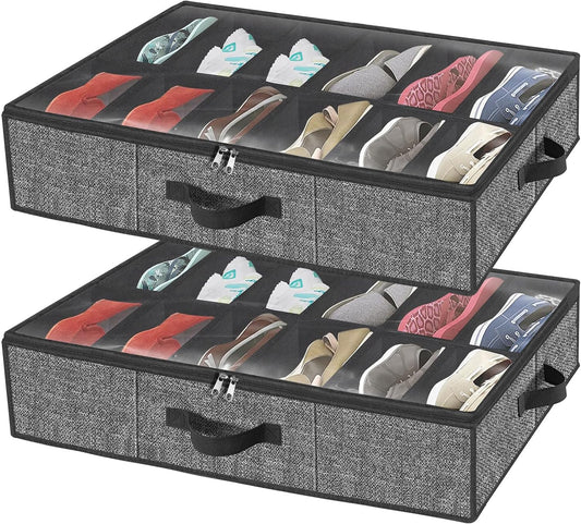 Under Bed Shoe Storage Organizer for Closet - Accommodates 24 Pairs, Durable Underbed Shoe Containers with Clear Cover, Set of 2, 29.3 x 23.6 x 5.9 Inches 