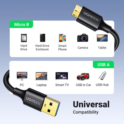 Micro USB 3.0 to Micro B Male Cable for Charging and Data Sync - Compatible with External Hard Drives and More