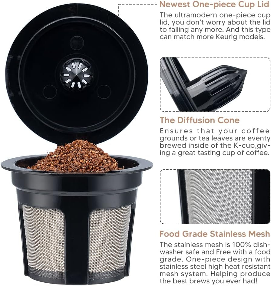 Universal Fit Reusable K Cups - 6 Pack Eco-Friendly Coffee Filters with Food Grade Stainless Steel Mesh for Keurig 1.0 and 2.0 Brewers
