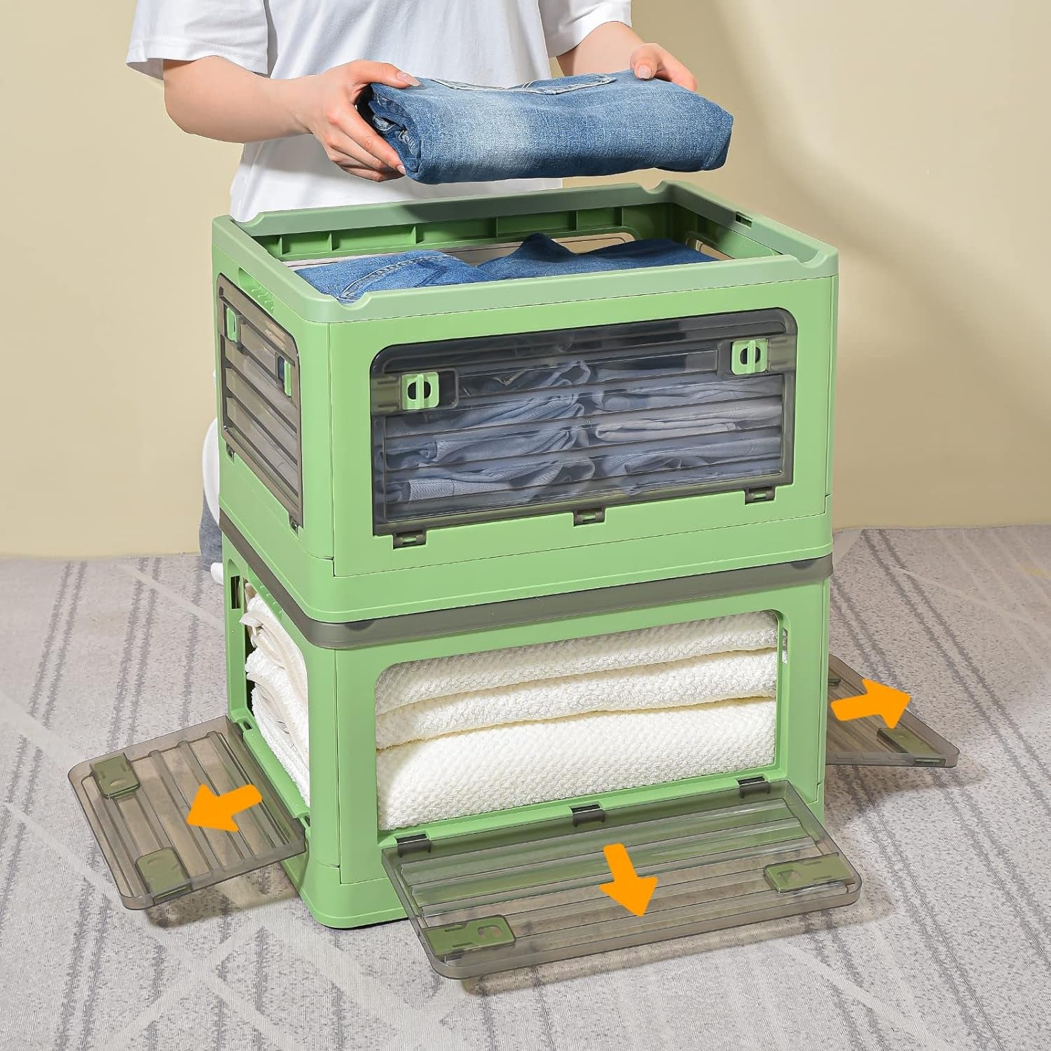 Set of 2 (Green) 32-Quart Collapsible Storage Bins with Wheels, Stackable Plastic Storage Boxes with Four Doors and Lids