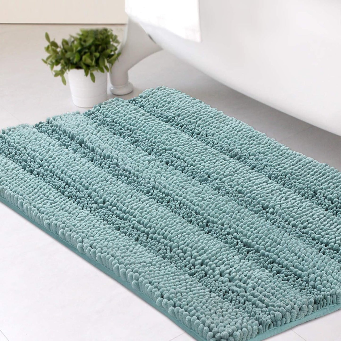 Set of 2 Striped Anti-Slip Bath Mats - Soft Plush Chenille Shaggy Floor Mats  - Water Absorbent (Grey, 32 x 20 & 24 x 17 Inches)
