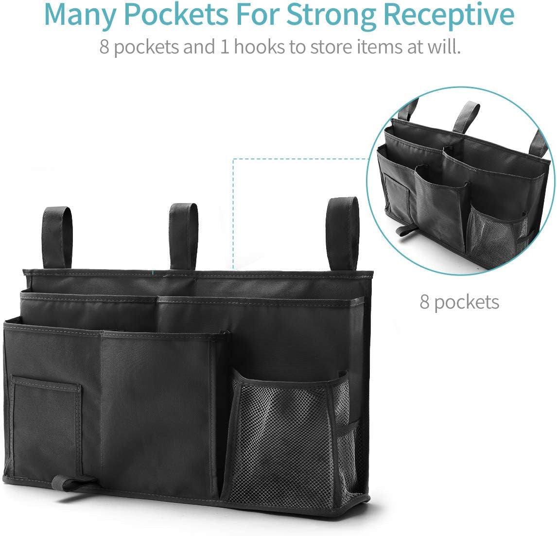 Bunk Bed Organizer with 8 Pockets - Hanging Bedside Caddy Storage Bag, Made of Durable 600D Oxford Cloth (Black)
