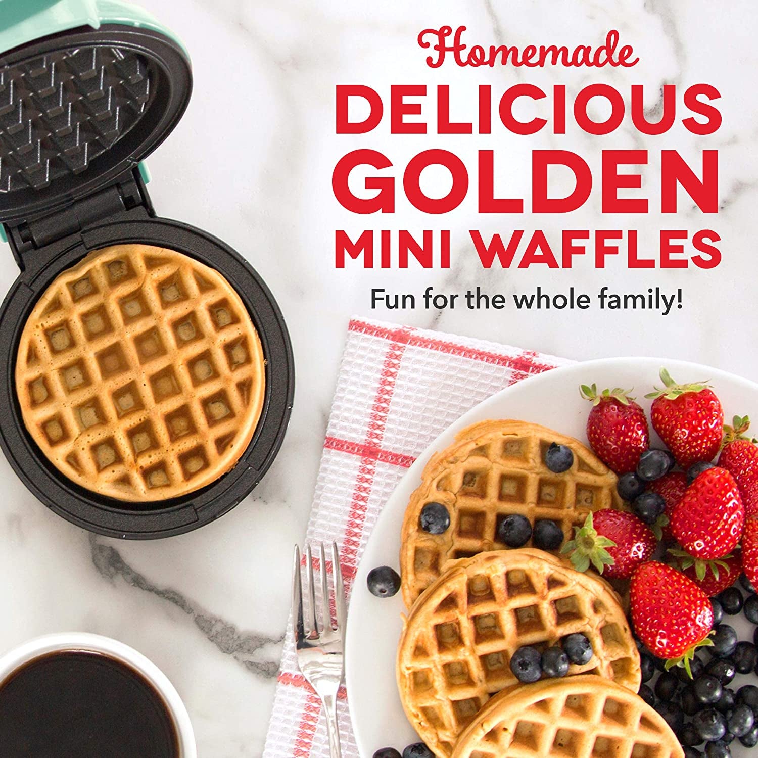 Mini Waffle Maker Machine - Compact 4" Appliance for Individual Waffles, Paninis, Hash Browns, and On-the-Go Meals in Aqua