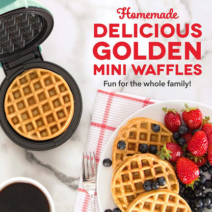 Mini Waffle Maker Machine - Compact 4" Appliance for Individual Waffles, Paninis, Hash Browns, and On-the-Go Meals in Aqua